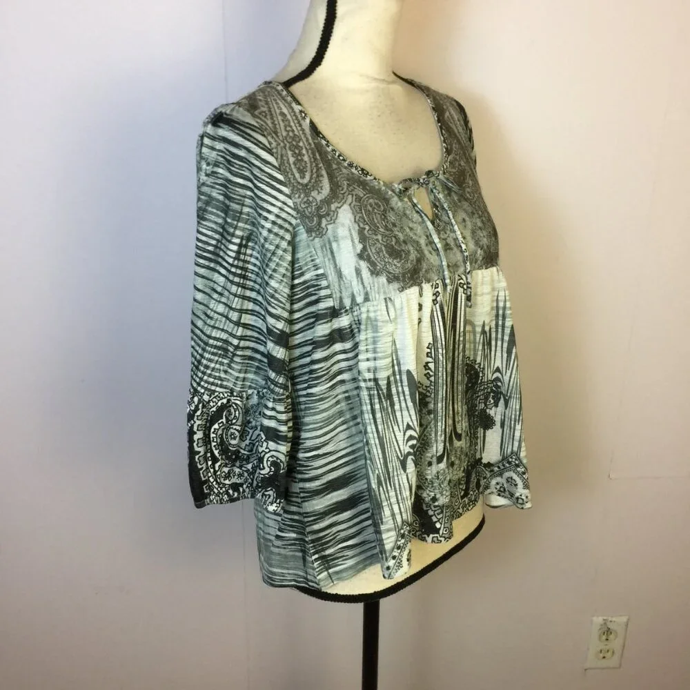 One World Blouse Top Size M Womans Black White Paisley Lace Trim Boho Cropped - Picture 4 of 15